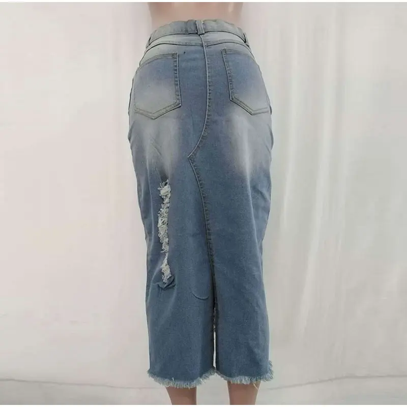 Plus Size High Waist Ripped Tassel Hem Front Split Bodycon Denim Skirts 4XL 5XL Women Streetwear Hole Maxi Skirt Jeans Bottoms