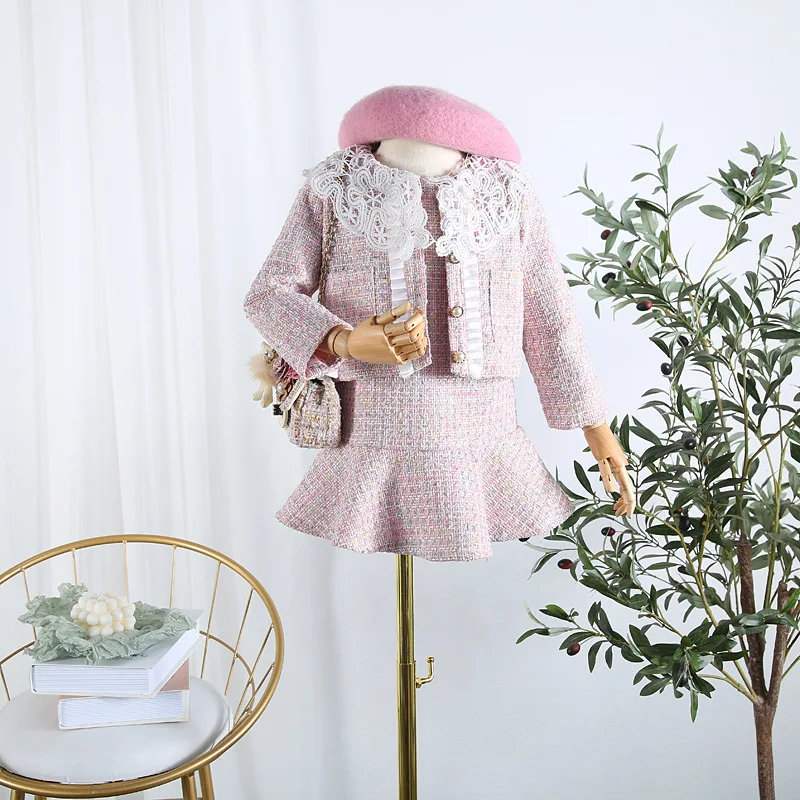 Детская одежда коллекция года, новое осеннее кружевное платье-Двойка для маленьких девочек кардиган с длинными рукавами, комплект с курткой