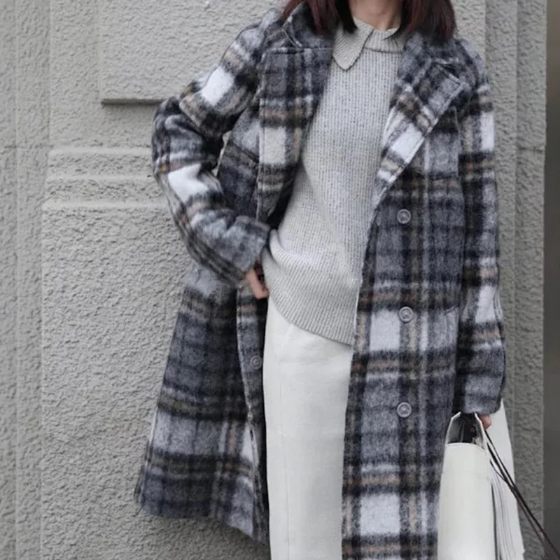 

Women Plaid Woolen Jacket Autumn Winter Coverd Button Straight Outwear