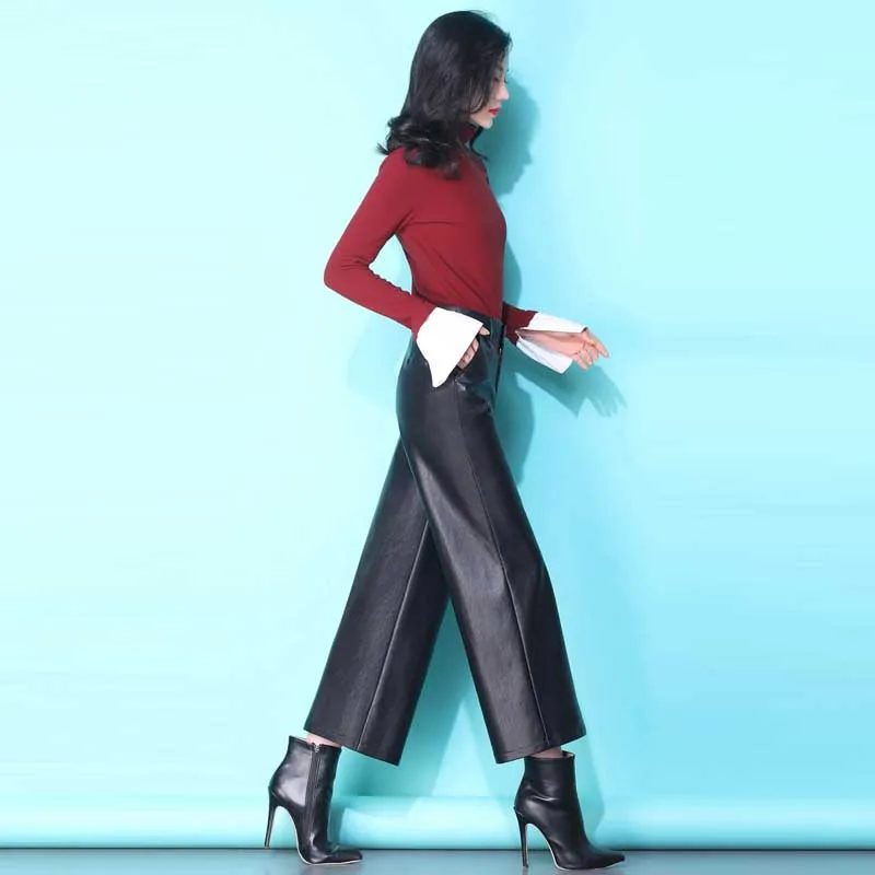 2020 Female High Waist Leather Pants Leather Summer New Fashion Korean Loose Straight Pu Trousers For Women Office Casual Pants