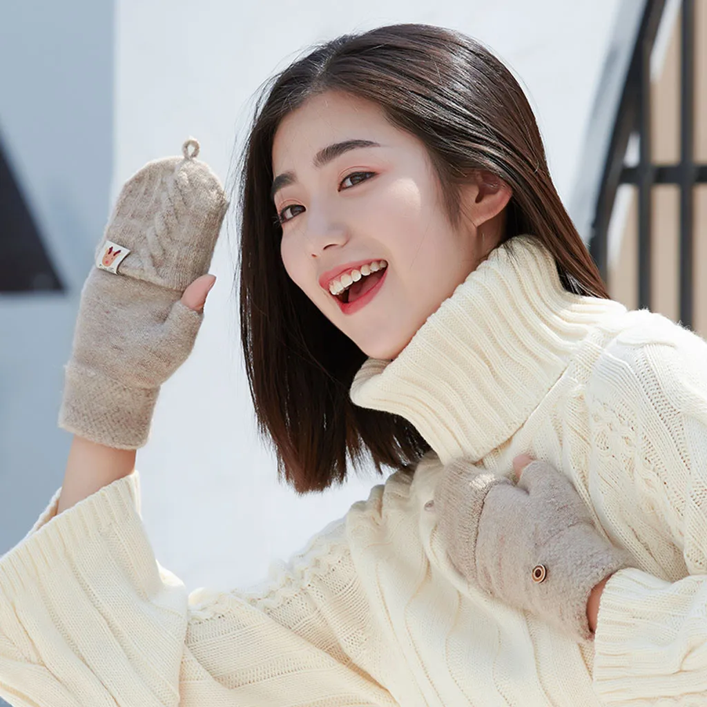 Женские зимние перчатки без пальцев с мультяшными рогами, студенческие, взрослые, Рождественский олень, откидной верх, контрастные цвета, женские перчатки