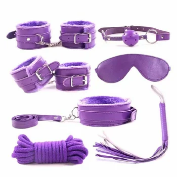 7pcs/set for Woman PU Leather SM Bondage Set Sex Handcuffs Footcuffs Whip Rope Eye Mask Blindfold Erotic Toys Couples 4