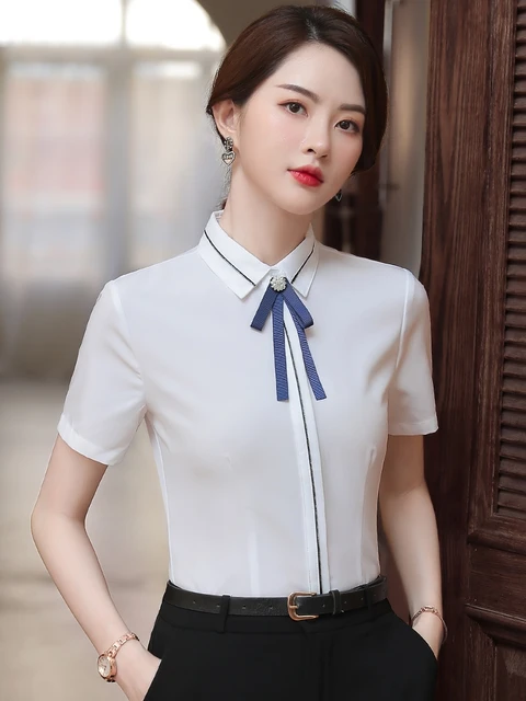 Summer Work Office Tops Ladies Blouse Chiffon Fashion Short Sleeve Bow Slim  White Shirt Female Cute Work Blouses Blusas NEW | sanispot.nl