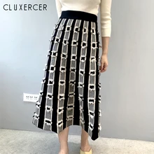 Осенняя трикотажная юбка с высокой талией Женская корейская модная трикотажная юбка с дырками Повседневная Длинная юбка в полоску женские юбки Mujer