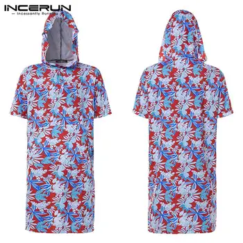 

Fashion Men Bathrobes Floral Print Short Sleeve Ponchos Breathable Hooded Quick-dry Robes Beach Towel Mens Bathrobe INCERUN 3XL