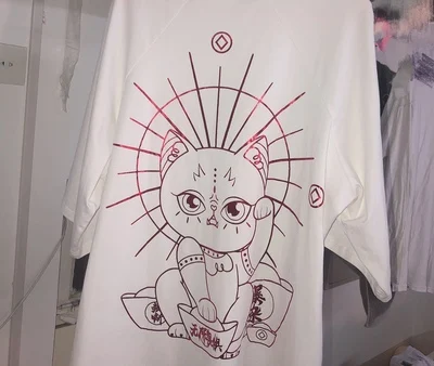 Футболки Harajuku Для женщин Свободные Забавный Lucky Cat Печатные хлопок летний футболки эстетическое уличная большеразмерная футболка принтовые тройники