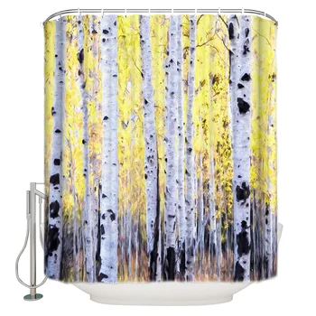 

Oil Painting Style Autumn Yellow Birch Forest Shower Curtain Waterproof Polyester With 12 Hooks