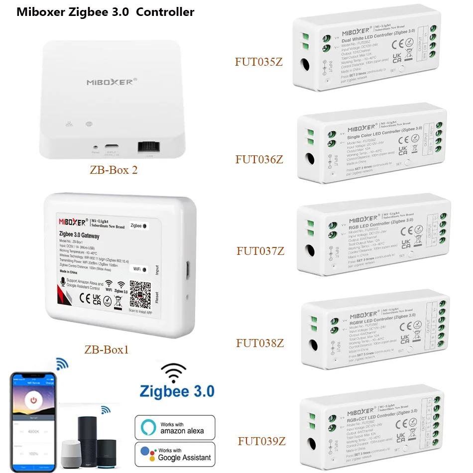 

MiBOXER DC12-24V FUT035Z FUT036Z FUT037Z FUT038Z FUT039Z Zigbee Dual White Single Color RGB RGBW RGB+CCT LED Strip Contoller