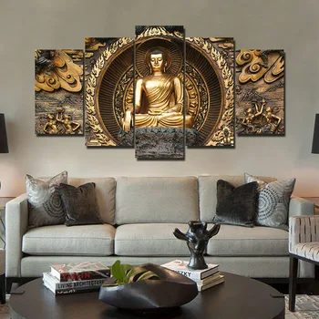 

Print 5 Piece Canvas Art Golden Abstract Buddha Painting Wall Pictures for Living Room Posters Home Decoration Houses Gifts