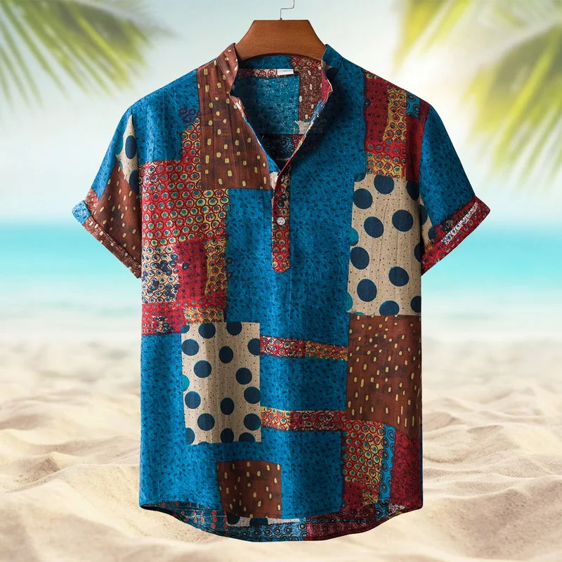 SHUJIN Men Linen Cotton Short Sleeve Shirt Summer Floral Loose Baggy Casual Shirts Tops Holiday Beach Men's Hawaii Shirts - Image 4