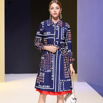 

New Fashion Runway Autumn Designer Trench Women's Elegant Turn Down Collar Letter Printed Blue Belted Coat Outerwear
