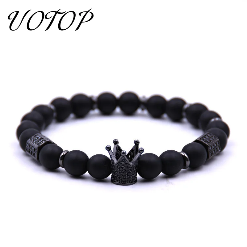 

UOTOP 2019 New Black Matte Onxy Natural Stone Bracelet Women Men Gold Silver Rose Gold Color CZ Imperial King Crown Bracelets