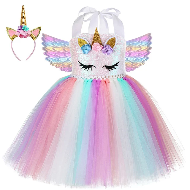 Kids World Book Day Unicorn Costume Girls Birthday Party LED Lights Sequin Rainbow Tutu Dress Shiny Princess Cosplay Costume style-B4