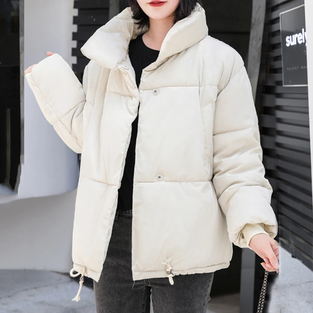 PUIMENTIUA Winter Warm Jacket Women Stand Collar Solid Black White Female Down Coat Loose Womens Plus Size Short Parka New