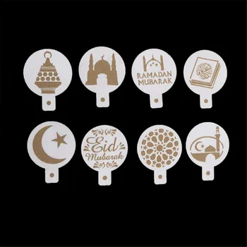 

8pcs/set White Plastic Coffee Printing Template Spray Stencil Eid Mubarak Ramadan Fondant Cake Biscuits Decoration Tools