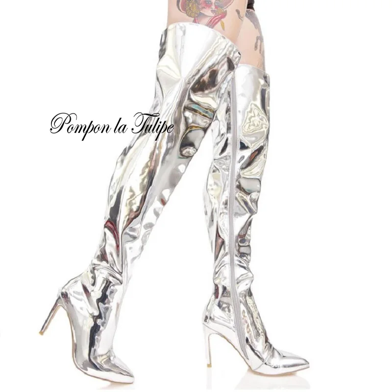 

ZZ 941114 Fancy Catwalk Pointed Toe Patent Sheepskin 12CM High Heel Stilettos Fashion Women High Thigh Long Boots Women Shoes