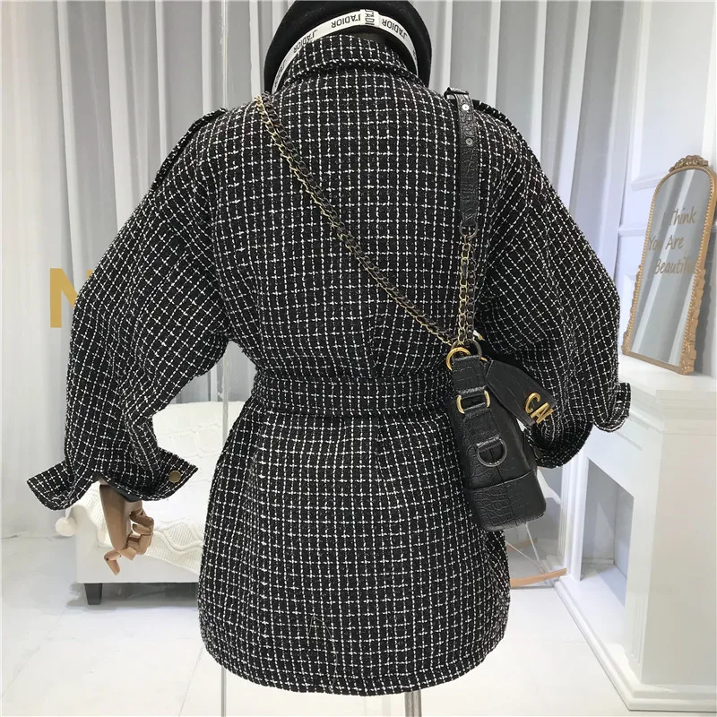 Autumn New Vintage Women's Single-breasted Wool Coat Casual Female Plaid Tweed Woolen Jacket Loose Outwear