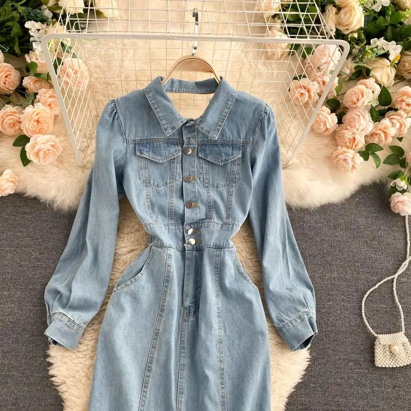 2020 Autumn New Retro Hollow Back Chic Women Denim Dress Mermaid Split Hem Ladies High Waist Fashion Jeans Dress J5