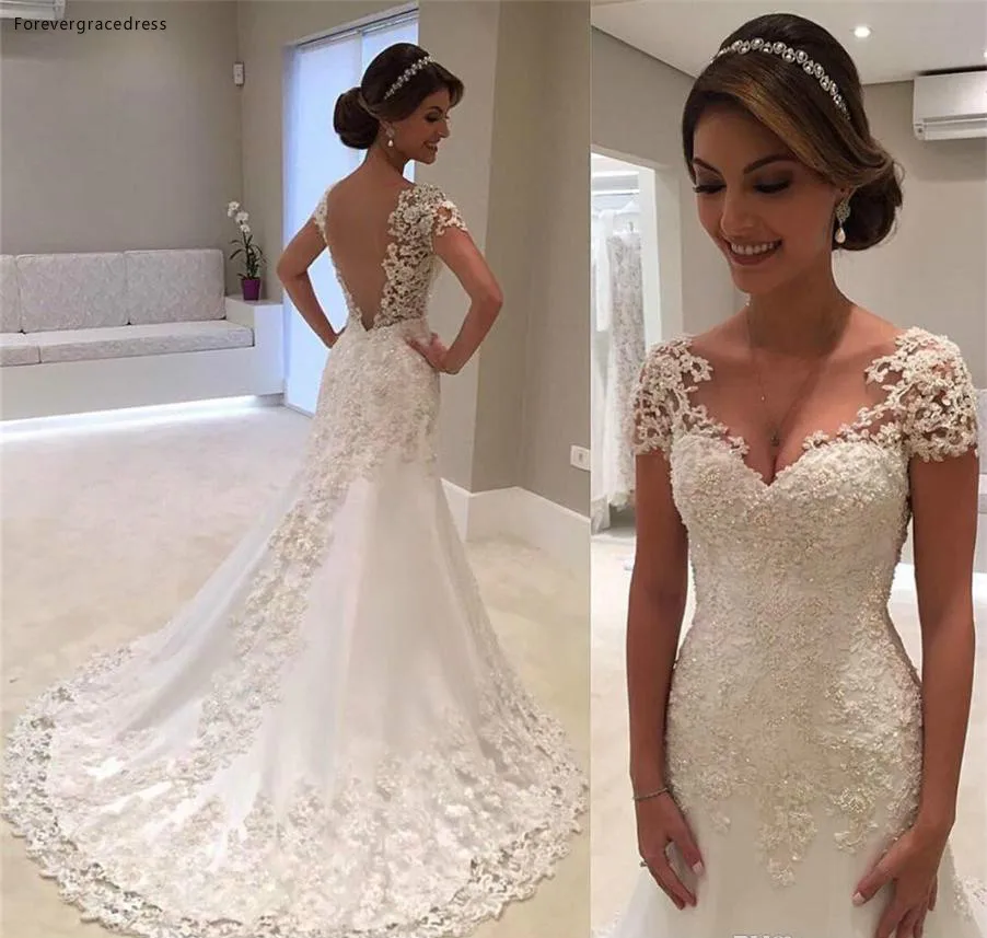 

New Arrival Cap Sleeve Wedding Dress Modest Mermaid Open Back Lace Country Garden Bride Bridal Gown Plus Size