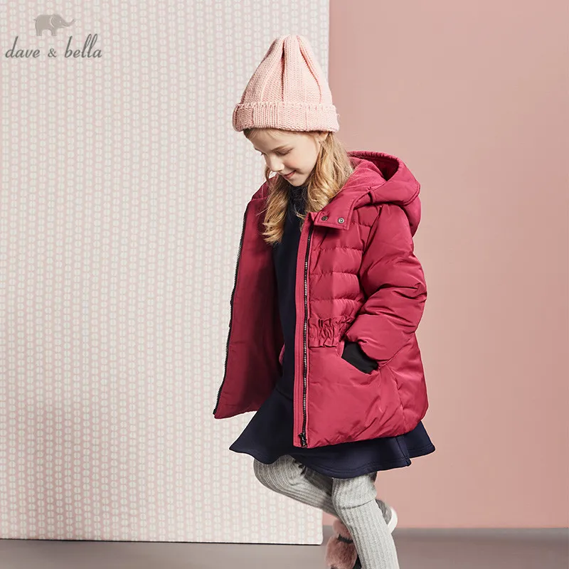 DBK11229 dave bella winter baby girls jacket children zipper pockets ruched solid hooded down coat kids padded outerwear