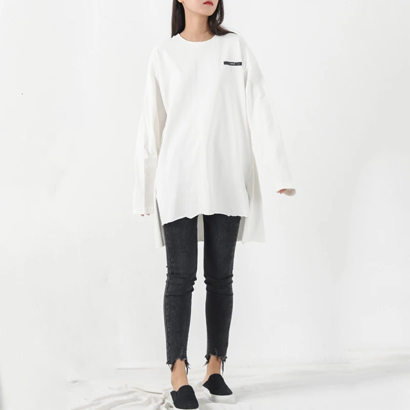 [DEAT] Women Side Spliced Back Print Loose Fit T-shirt New Round Neck Long Sleeve Fashion Tide Spring Autumn 19L-a46