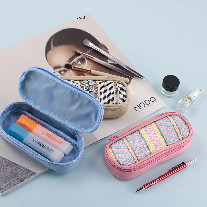 

Coloffice New PU Leather Pencil Bag Stationery Storage Box Large Capacity Creative Stitching Color Student Zipper Pen Case 1PC