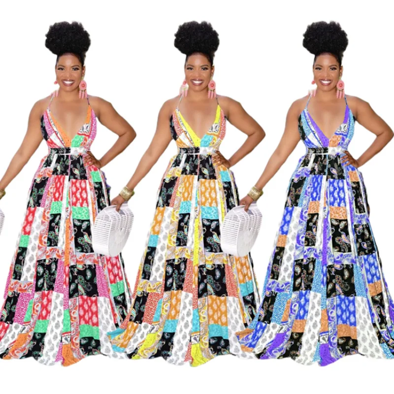 Polyester Summer African Women V-neck Printing Long Dress Dresses for American Clothing Print | Тематическая одежда и