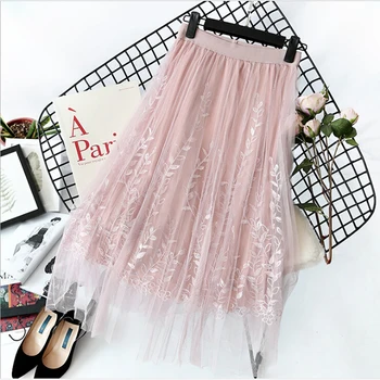 

Hot Sale Womens Mesh Skirts Fashion Long Pleated Embroidery Skirt Female Elastic High Waist Skirts Sweet