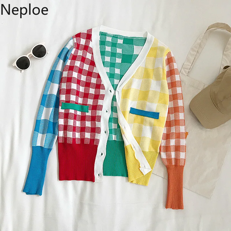 

Neploe Korean Small Fresh Color Plaid Cardigan V-neck Long-sleeved Knit Thin Student Coat Fashion Patchwork Autumn Sweater 45708