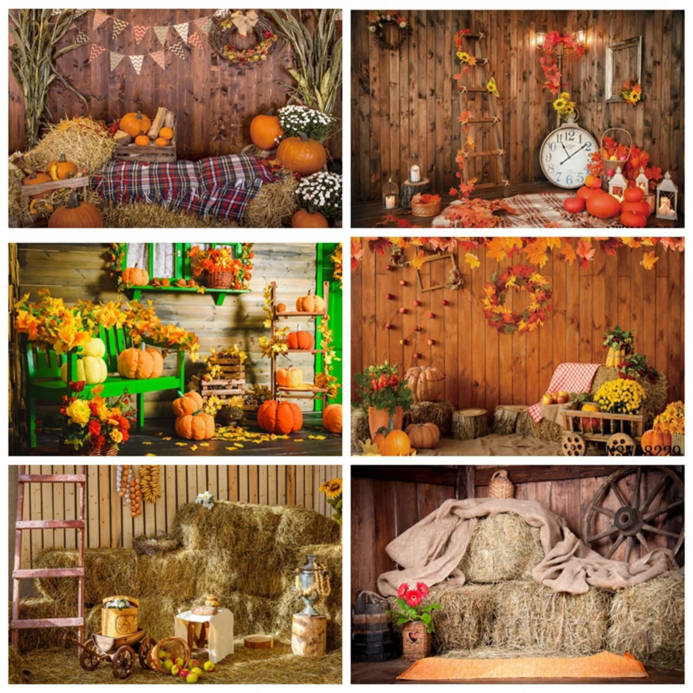 Autumn Farm Barn Hay Haystack Pumpkin Wood Floor Newborn Baby Portrait Scene Backdrop Photography Background For Photo Studio |