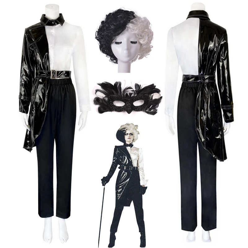 Cruella De Vil Cosplay Costumes Leather Jacket Black White Uniform