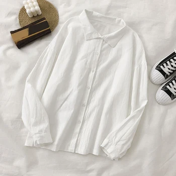 

2020 summer new white shirts for wommen solid turn-down collar long-sleeved solid loose all match female shirts outwear coat top