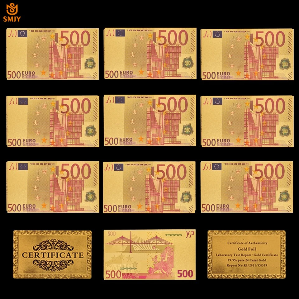 10 шт./лот лидер продаж цветная Европейская валюта 500 евро Золотая фольга Реплика