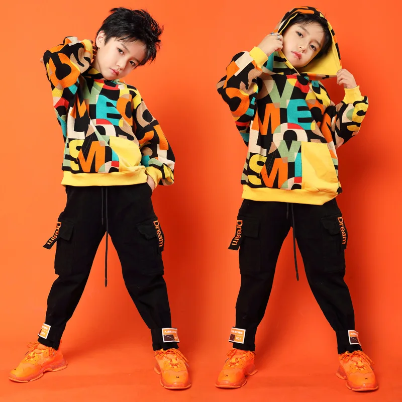 

Children Cool Letters Print Hoodie Sweatshirt Tops Running Casual Hip Hop Pants Clothing for Girl Boy Jazz Dance Costume Clothes