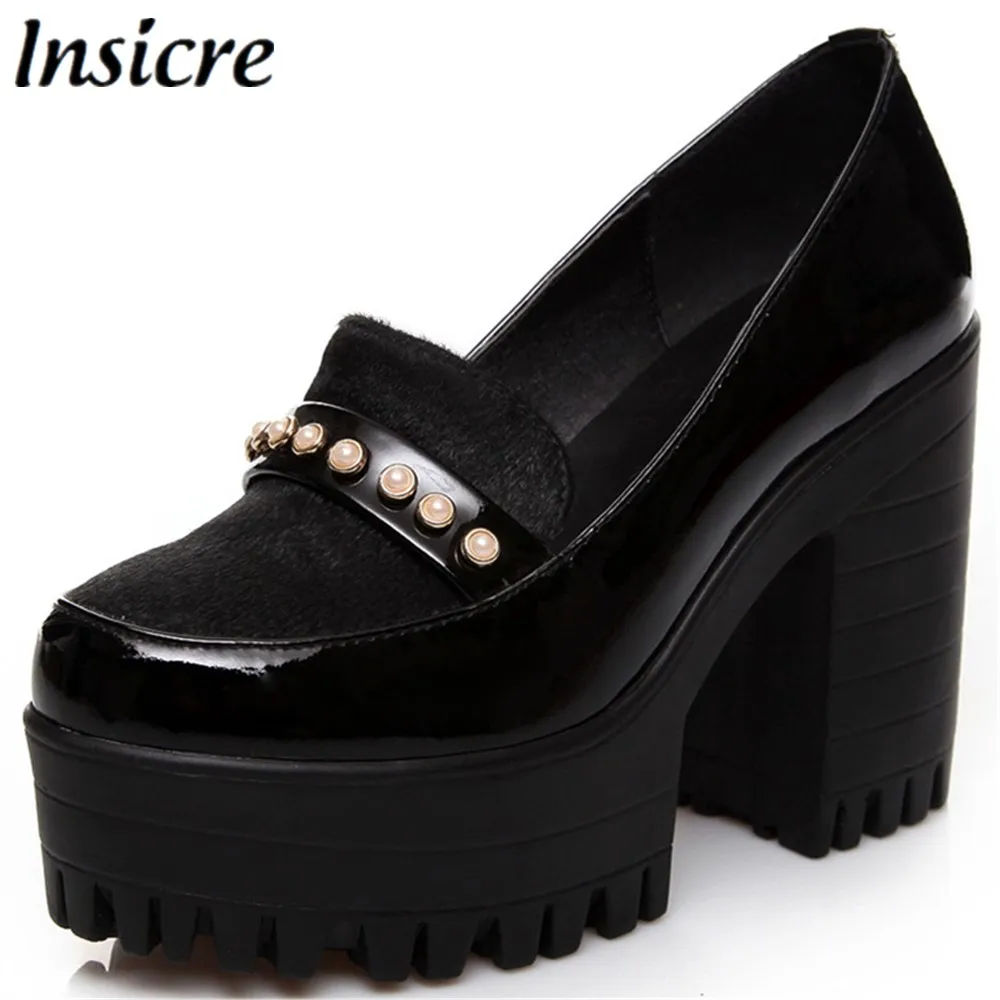 

Insicre Women Pumps Spring Thick Heels 11 cm Beaded Round Toe Platform Female High Heel Shoes Black Slip On Horsehair