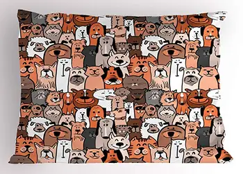 

Animals Pillow Sham, Pattern of Pet Cats and Dogs Doodle Style Art Cartoon Style Retro Domestic Animals, Decorative Standard Qu