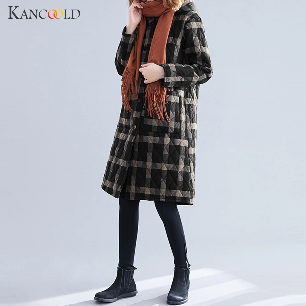KANCOOLD, зимняя, толстая, хлопковая куртка, длинная, большой размер, теплая куртка, женская мода, решетка, толстая, теплая, ветрозащитная, свободная куртка