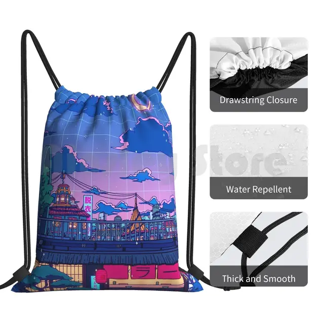 Ramen Village Backpack Drawstring Bag - Fashionable and functional accessory with a mesmerizing moon and Vaporwave design.