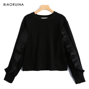 

BIAORUINA Women's Cotton Black Short Sweatshirt Fleeced Liner Round Neck Female Loose Fashion Pullover Ruffled Sleeve