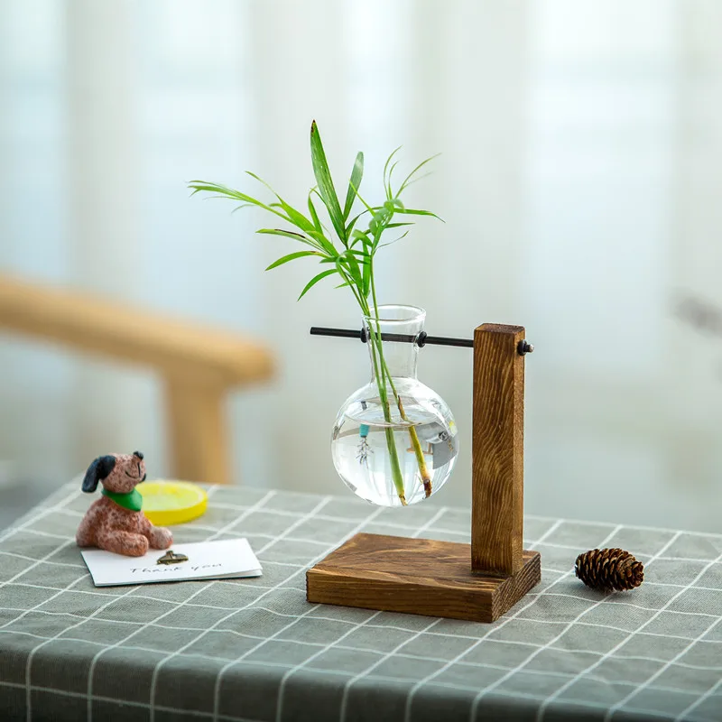 

Glass and Wood Transparent Flower Pot Nordic Simple Vase Desktop Hydroponics Plant Bonsai Terrarium Home Bonsai Decor