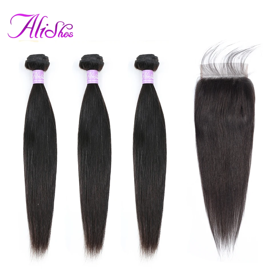 Alishes прямые пучки волос с 5x5 бразильские волосы с закрытием Weave 3 4 Связки с синтетическое закрытие NonRemy натуральный 1B человеческие волосы
