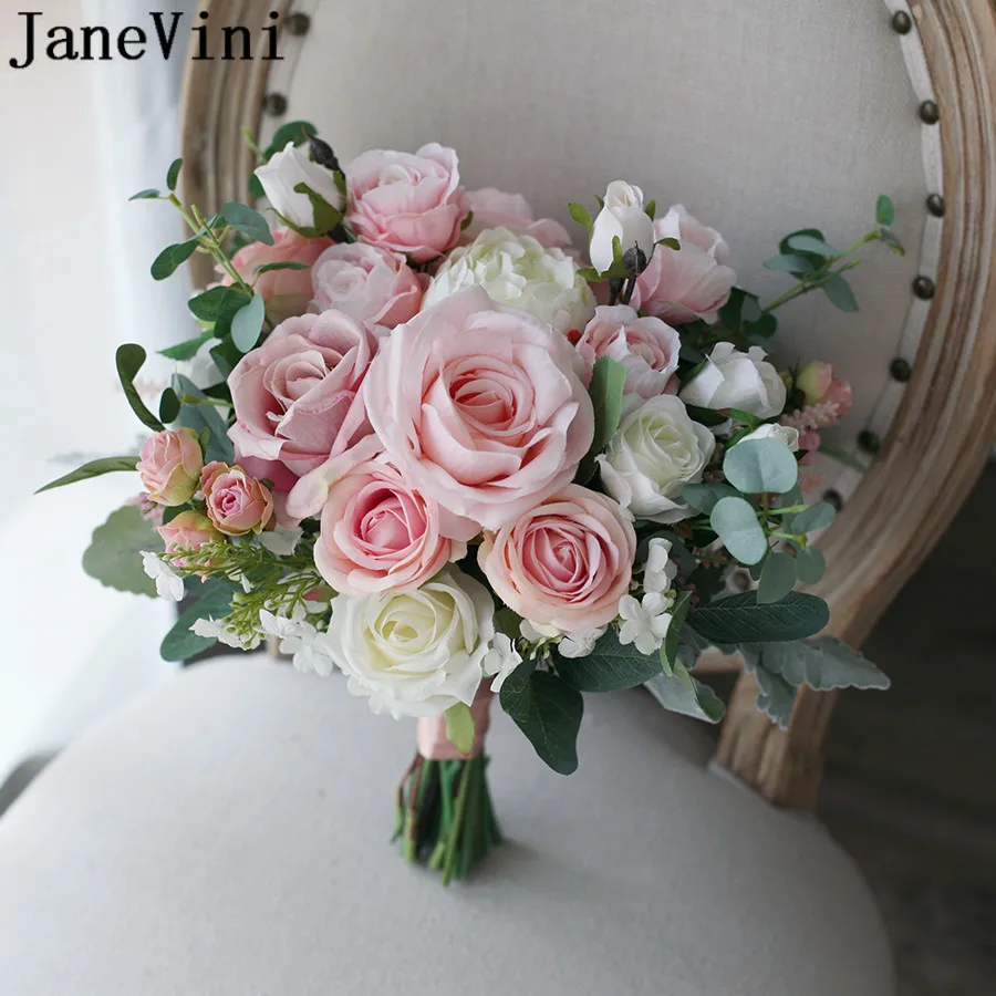 JaneVini Mori Artificial Flower Pink Brides Wedding Bouquet Silk Roses Wedding Photo Shooting Props Bridal Peonies Bouquet Fleur