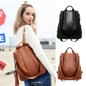 

35# Stylish Travel Women Backpack Fashion PU Leather Zipper Lady Schoolbag Anti Theft Camping Casual Tote Soft