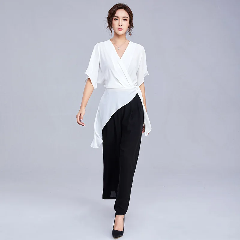 

Summer Women's Set Fashion Wide Leg Pants Chiffon Suit Two Piece Set OL Elegant Short Sleeve Blouse Top And Trousers Suits Sets