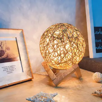 

Nordic Art Moon Light Hand-Knit Twine Rattan Ball LED Bedroom Desk Bedside Table Lamp Night Light Birthday Gift Wedding Decor