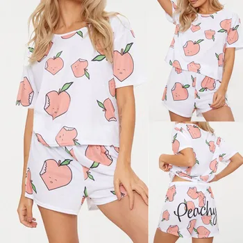 

Casual fashion summer Women pajamas пижама женская Girls print O-neck Peach Short Sleeve Shorts Home Wear Pajamas Suit h4
