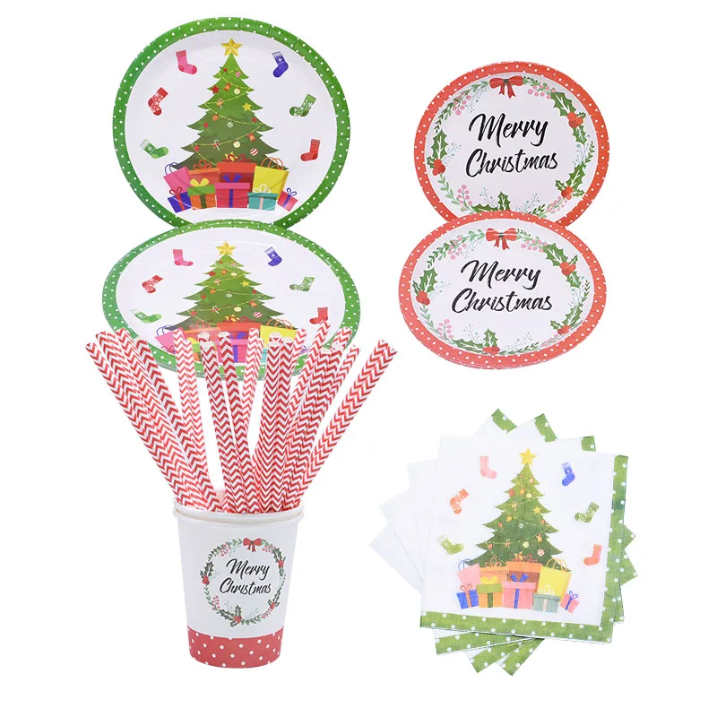 

Christmas Decoration Disposable Tableware Set Paper Cups Straws Plates Napkins for New Year Xmas navidad Party Supplies