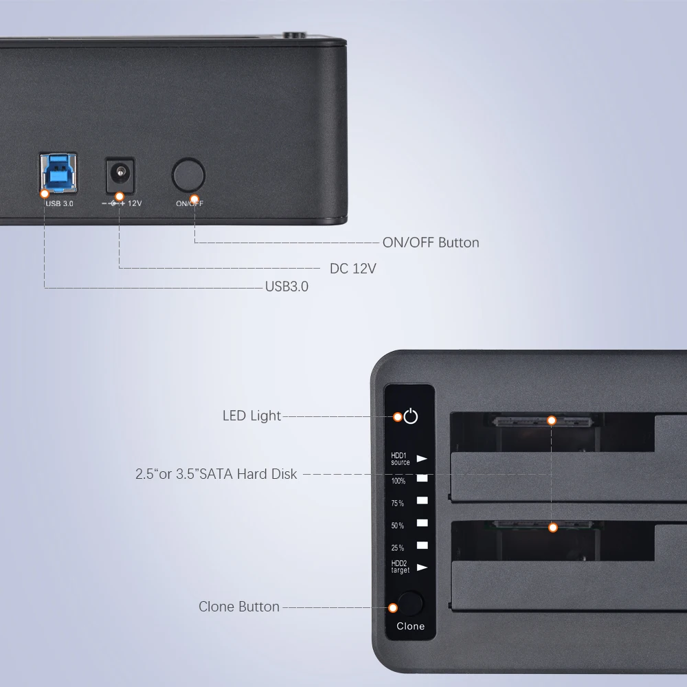 2,5/3,5 дюймов двойной SATA HDD док-станция USB 3,0 внешний корпус с функцией офлайн клона Дубликатор HDD