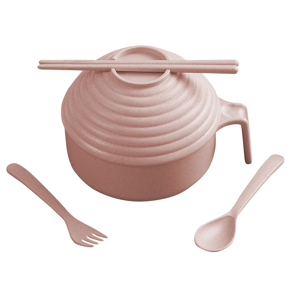 Пшеничная солома мгновенная супница с контейнер с крышкой палочки для еды, ложки и вилки набор посуды JS23 - Цвет: Розовый