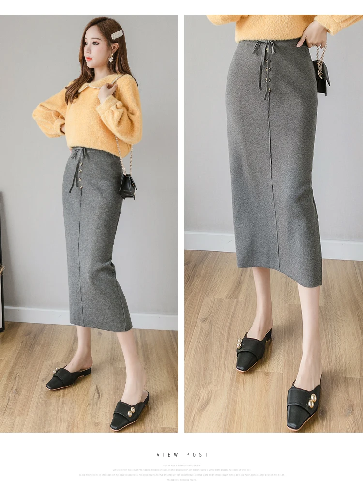 Harajuku трикотажные женские длинные юбки осень зима Корейская Высокая талия женские юбки-карандаш плюс размер черная юбка jupe femme